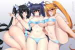  3girls ass black_hair blonde_hair blue_eyes blush breasts commission dungeon_ni_deai_wo_motomeru_no_wa_machigatteiru_darou_ka hair_ornament hair_ribbon hestia_(danmachi) high_school_dxd lindaroze looking_at_viewer lying multiple_girls neptune_(series) noire orange_hair panties purple_eyes red_eyes ribbon shidou_irina topless twintails underwear 