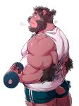  2020 anthro bearwivme belly black_nose bodily_fluids bottomwear butt clothing exercise hi_res male mammal musclegut shirt shorts simple_background solo sweat topwear ursid white_background workout 