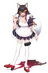  1girl :3 :d alternate_costume animal_ear_fluff animal_ears apron bell black_hair blush brown_eyes collar commentary_request enmaided full_body hair_ornament highres hololive jingle_bell long_hair looking_at_viewer maid mikan_(chipstar182) multicolored_hair ookami_mio open_mouth red_footwear red_hair simple_background smile solo standing streaked_hair tail tail_around_leg thighhighs very_long_hair virtual_youtuber white_background white_hair white_legwear wolf_ears wolf_girl wolf_tail 