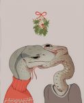  ambiguous/ambiguous ambiguous_gender bluekiwi101 christmas clothing duo forked_tongue grey_background hi_res holidays holly_(plant) kissing lizard long_neck open_mouth plant reptile scalie simple_background snake sweater tongue topwear turtleneck_sweater yellow_eyes 