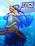  3:4 amphibian anthro blue_body clothed clothing duo feral floatzel frog hi_res male male/male nintendo pants_down partially_clothed pok&eacute;mon pok&eacute;mon_(species) sex surprise surprise_sex underwater underwater_sex ventkazemaru video_games water 