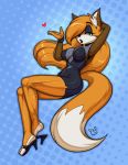  &lt;3 2020 anthro breasts canid canine clothed clothing conditional_dnp digital_media_(artwork) dipstick_tail eyeshadow female footwear fox green_eyes hair hair_over_eye hand_behind_head high_heels inner_ear_fluff long_hair makeup mammal multicolored_tail one_eye_obstructed orange_hair shoes signature solo teckworks tuft 