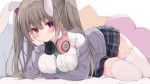  1girl animal_band_legwear animal_ears bangs between_breasts blush breasts brown_hair bunny_band_legwear bunny_ears cardigan closed_mouth commentary eyebrows_visible_through_hair green_neckwear grey_cardigan grey_skirt hair_between_eyes headphones headphones_around_neck heart heart_pillow kujou_danbo large_breasts long_hair long_sleeves looking_at_viewer necktie necktie_between_breasts off_shoulder open_cardigan open_clothes original pillow plaid plaid_skirt pleated_skirt purple_eyes simple_background skirt sleeves_past_wrists solo star_pillow symbol_commentary thighhighs two_side_up very_long_hair white_background white_legwear 