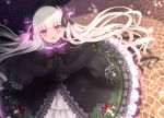  1girl :d bangs beret black_bow black_capelet black_dress black_gloves black_headwear blurry blurry_background blush bow capelet commentary depth_of_field dress eyebrows_visible_through_hair fate/extra fate_(series) food_print frilled_dress frilled_sleeves frills from_above fur-trimmed_capelet fur_trim gloves hair_between_eyes hat hat_bow highres long_hair long_sleeves looking_at_viewer looking_up mushroom_print nursery_rhyme_(fate/extra) open_mouth print_dress puffy_long_sleeves puffy_sleeves purple_eyes sleeves_past_wrists smile solo striped striped_bow twitter_username very_long_hair white_hair yuzushiro 