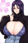  1girl alecto_0 alternate_costume artist_name bangs black_sweater blue_bra blue_pants bra breasts casual cleavage closed_mouth clothes_lift fate/grand_order fate_(series) highres huge_breasts looking_to_the_side minamoto_no_raikou_(fate/grand_order) pants parted_bangs purple_eyes purple_hair smile sweater sweater_lift turtleneck turtleneck_sweater underwear unzipped 