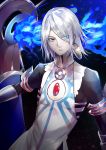  1boy armlet blue_eyes blue_fire closed_mouth earrings eyebrows_visible_through_hair eyes_visible_through_hair fate/extella fate/extella_link fate/extra fate/grand_order fate_(series) fire flame gem grey_hair hair_over_one_eye heterochromia jewelry karna_(fate) makeup male_focus red_eyes sagta_panggang single_earring solo 