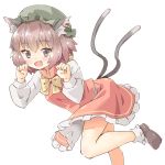  1girl :d animal_ear_fluff animal_ears arnest bobby_socks bow bowtie brown_hair cat_ears cat_tail chen chinese_clothes eyebrows_visible_through_hair fang frilled_skirt frills green_headwear hat high_collar jewelry leaning_forward leg_up long_sleeves mob_cap multiple_tails open_mouth paw_pose red_skirt red_vest shirt short_hair single_earring skirt skirt_set smile socks solo standing standing_on_one_leg tail touhou two_tails vest white_legwear white_shirt yellow_neckwear 