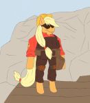  2020 absurd_res applejack_(mlp) armor blonde_hair cliff clothed clothing dwarfism earth_pony engineer_(team_fortress_2) equid equine eyewear female flat_colors friendship_is_magic goggles grin hair hard_hat hasbro headgear helmet hi_res hooved_hands hooves horse mammal meme mountain my_little_pony overalls pony ponytail semi-anthro shirt shitpost sky smile smug solo standing team_fortress_2 topwear valve video_games 