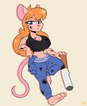  big_breasts blue_eyes breasts chip_&#039;n_dale_rescue_rangers cigarette cleavage clothed clothing dirty disney female fur gadget_hackwrench hair lemondude long_hair looking_at_viewer mammal mouse murid murine orange_hair rodent shirt simple_background solo tan_body tan_fur tank_top topwear 