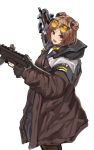  1girl absurdres blush brown_hair bullpup double_bun dual_wielding girls_frontline gun highres holding nighttsound open_mouth p90 p90_(girls_frontline) red_eyes short_hair sketch smile solo submachine_gun trigger_discipline weapon weapon_request 