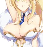  1girl arm_up armpits artoria_pendragon_(all) artoria_pendragon_(swimsuit_ruler)_(fate) bare_arms bare_shoulders blonde_hair breasts cleavage cutout_above_navel detached_collar fate/grand_order fate_(series) fur_scarf gold_trim good_meat_day green_eyes hair_between_eyes huge_breasts kakumayu leotard light_blush long_hair mini_necktie necktie open_mouth playboy_bunny ponytail sidelocks simple_background skindentation solo strapless strapless_leotard undersized_clothes upper_body white_background white_leotard wing_collar 
