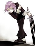  1other absurdres black_footwear crona_(soul_eater) crying hair_between_eyes highres holding holding_sword holding_weapon purple_eyes purple_hair ragnarok_(demon_sword) shiny shiny_hair short_hair solo soul_eater spikes standing sword tears toot weapon wrist_cuffs 