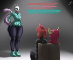  anthro big_butt breasts butt clothed clothing courtney dialogue female furniture group hair human interrogation legendary_pok&eacute;mon looking_at_another mammal mewtwo meyora nintendo pok&eacute;mon pok&eacute;mon_(species) red_hair remnartx signature simple_background sitting starstrikex text video_games 