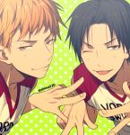  2boys ;) bangs basketball_uniform black_eyes black_hair blonde_hair closed_mouth clothes_writing collarbone commentary_request double_w green_background kise_ryouta kuroko_no_basuke looking_at_viewer male_focus mashima_shima multiple_boys one_eye_closed shirt sleeveless sleeveless_shirt smile sportswear star_(symbol) starry_background takao_kazunari tongue tongue_out twitter_username upper_body w white_shirt yellow_eyes 
