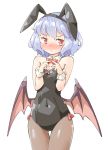  1girl alternate_costume animal_ears arnest bangs bat_wings black_legwear black_leotard blue_hair blush bow bowtie breasts bunny_ears bunny_tail commentary covered_navel cowboy_shot detached_collar fake_animal_ears fake_tail fingers_together frown highres leotard looking_at_viewer low_wings pantyhose parted_lips playboy_bunny purple_wings red_eyes red_neckwear remilia_scarlet short_hair simple_background small_breasts solo standing strapless strapless_leotard tail thigh_gap touhou white_background wing_collar wings wrist_cuffs 