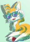  2020 anthro canid canine chana clothing eyewear footwear fox fur gloves handwear hi_res male mammal miles_prower open_mouth open_smile signature simple_background smile solo sonic_the_hedgehog_(series) sunglasses video_games 