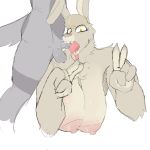 1:1 absurd_res anthro areola big_breasts bodily_fluids breasts duo fellatio female hi_res lagomorph leporid looking_at_viewer lowkey_nottoast male mammal nipples open_mouth oral peace_signs penile rabbit saliva sex sharp_teeth teeth tongue viv_(lowkeytoast) 