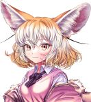  1girl akegata_tobari animal_ear_fluff animal_ears bangs black_bow blonde_hair blush bow breasts brown_eyes closed_mouth collared_shirt commentary_request eyebrows_visible_through_hair fang fang_out fennec_(kemono_friends) fox_ears gradient_hair hair_between_eyes highres jacket kemono_friends multicolored_hair off_shoulder open_clothes open_jacket pink_jacket shirt simple_background small_breasts smile solo sweater_vest upper_body white_background white_hair white_shirt 