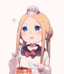  2girls abigail_williams_(fate/grand_order) absurdres bangs black_sailor_collar blonde_hair blue_bow blue_eyes blueberry blush bow braid chibi chibi_on_head closed_eyes commentary_request daisi_gi double_bun drooling eyebrows_visible_through_hair fate/grand_order fate_(series) food forehead fork fruit grey_background grey_hair hair_between_eyes highres holding holding_fork holding_knife horns knife lavinia_whateley_(fate/grand_order) long_hair long_sleeves minigirl multiple_girls notice_lines on_head open_mouth pancake parted_bangs red_bow sailor_collar saliva school_uniform serafuku shirt simple_background single_horn sleeves_past_wrists stack_of_pancakes syrup twintails upper_body white_shirt 