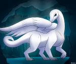  2020 blue_eyes cave claws dragon feathered_wings feathers female feral gesture happy hi_res long_neck looking_at_viewer nude paws pikajota scalie seductive smile solo toe_claws white_body white_dragon wings 