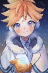  1boy blonde_hair blue_eyes blue_neckwear capelet commentary earmuffs fur-trimmed_capelet fur_trim gloves glowing highres holding ice_fog_(module) kagamine_len kouhara_yuyu looking_at_viewer male_focus necktie night project_diva_(series) smile snowflakes snowing solo spiked_hair upper_body vocaloid white_capelet 