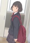  1girl backpack bag black_hair bob_cut brown_eyes cowboy_shot dutch_angle highres kyak_bamboo looking_back original school_uniform short_hair smile solo uniform 