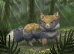  ambiguous_gender brown_body brown_fur canid canine feral fluffy forest fox fur gloves_(marking) green_eyes grey_body grey_fur hi_res looking_at_viewer mammal markings outside plant solo tibetan_sand_fox tree uluri 