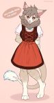  absurd_res alyona_the_floof anthro bent_leg blush canid canine chiropteran clothing cute_fangs dirndl dress embarrassed english_text female fox furasaur hi_res holding_arm looking_at_viewer mammal shy smile solo text 