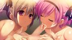  1boy 2girls breasts brown_hair closed_eyes cum cum_in_mouth fellatio game_cg grisaia_(series) grisaia_no_rakuen irisu_makina komine_sachi medium_breasts multiple_girls oral pink_hair small_breasts 