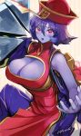  1girl artist_name blue_skin breasts cleavage cleavage_cutout clothing_cutout colored_skin commentary hat highres jiangshi large_breasts lei_lei pink_eyes pupps purple_hair signature solo vampire_(game) 