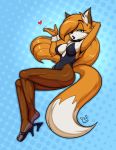  &lt;3 2020 anthro breasts canid canine clothed clothing conditional_dnp digital_media_(artwork) dipstick_tail female footwear fox green_eyes hair hair_over_eye hand_behind_head high_heels inner_ear_fluff long_hair mammal multicolored_tail one_eye_obstructed orange_hair shoes signature solo teckworks tuft 