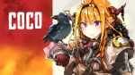  1girl ahoge animal animal_on_arm apex_legends background_text bangs belt bird bird_on_arm black_bow black_hairband blonde_hair blunt_bangs blush bow bowtie braid bright_pupils character_name closed_mouth commentary_request cosplay crow dragon_girl dragon_horns eyebrows_visible_through_hair fang gas_mask gloves gradient_eyes hair_between_eyes hair_ornament hairband halo highlights highres hololive horn_bow horn_ornament horns kiryuu_coco long_hair looking_away mask mouth_mask multicolored multicolored_eyes multicolored_hair orange_hair pointy_ears purple_eyes red_eyes respirator shoulder_pads single_braid single_horn skin_fang smile streaked_hair striped upper_body utility_belt virtual_youtuber white_bow yuyaiyaui 