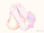  1girl bei_qi beige_background dated feet legs no_shoes original panties shiny shiny_skin simple_background soles solo thighhighs underwear white_legwear white_panties 
