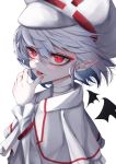  1girl :p bat_wings blue_hair choker commentary fall_dommmmmer fingernails hair_between_eyes hat highres looking_at_viewer pointy_ears red_eyes remilia_scarlet short_hair solo tongue tongue_out touhou upper_body white_choker white_headwear wings 