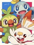  blue_eyes border brown_eyes commentary_request dated fang gen_8_pokemon grookey happy looking_at_viewer makoto_ikemu no_humans open_mouth outside_border pokemon pokemon_(creature) scorbunny smile sobble starter_pokemon_trio toes tongue white_border 