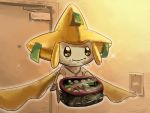  :t box brown_eyes closed_mouth commentary_request door floating food food_on_face gen_3_pokemon glowing highres holding holding_box indoors jirachi light_switch mythical_pokemon no_humans pokemon pokemon_(creature) sparkle yamaori6 