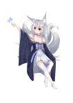  1girl :o absurdres animal animal_ear_fluff animal_ears arm_up azur_lane bangs bare_shoulders black_choker black_kimono blue_eyes bug butterfly choker collarbone dress eyebrows_visible_through_hair fox_ears fox_girl fox_tail full_body hair_between_eyes hair_ornament highres insect japanese_clothes kimono kitsune long_hair long_sleeves looking_away looking_to_the_side nagato-chan no_shoes parted_lips pleated_dress shinano_(azur_lane) silver_hair simple_background solo tail thighhighs very_long_hair white_background white_dress white_legwear wide_sleeves younger 