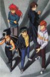  1990s_(style) 5boys black_footwear black_hair brown_footwear brown_hair casual crossed_arms denim facial_mark forehead_mark from_above grin hand_in_pocket hands_in_pockets headband hiei_(yuu_yuu_hakusho) hood hood_down hoodie jeans koenma kurama kuwabara_kazuma long_hair long_sleeves looking_at_viewer multiple_boys official_art pacifier pants red_hair scan shoes smile sneakers standing urameshi_yuusuke white_footwear yuu_yuu_hakusho 