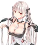  1girl aoki_chiaki azur_lane between_breasts black_dress breasts cleavage dress earrings eyebrows_visible_through_hair flight_deck formidable_(azur_lane) frilled_dress frills gothic_lolita grey_hair hair_ribbon highres jewelry large_breasts lolita_fashion long_hair looking_at_viewer neckwear_between_breasts pantyhose red_eyes ribbon simple_background solo twintails two-tone_dress two-tone_ribbon very_long_hair white_background white_dress white_legwear 