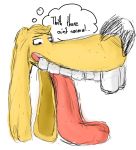  ambiguous_gender big_nose big_teeth buckteeth canid canine canis domestic_dog growth gums hi_res hyper hyper_ears hyper_snout hyper_teeth hyper_tongue lisp long_ears long_tongue mammal open_mouth protzermotzer simple_background sketch solo teeth text thought_bubble tongue 