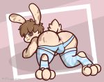  all_fours anthro anus butt clothed clothing footwear girly hi_res lagomorph legwear leporid looking_at_viewer looking_back male mammal pants_down partially_clothed pawpads presenting presenting_hindquarters rabbit smile smirk socks solo thigh_highs thigh_socks tinysmallman 
