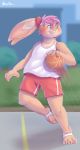  absurd_res anthro ball basketball basketball_(ball) bodily_fluids bottomwear brownieclop clothed clothing digital_media_(artwork) hair hi_res lagomorph leporid male mammal rabbit shirt shorts smile sport sweat tinval topwear 