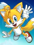  2018 5_fingers anthro blue_eyes canid canine clothing fingers flying footwear fox fur gloves handwear hi_res male mammal miles_prower open_mouth open_smile pxltw smile solo sonic_the_hedgehog_(series) video_games 