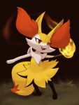  animal_ear_fluff animal_nose braixen commentary_request fangs fire flame furry gen_6_pokemon grass highres holding holding_stick inkune open_mouth orange_eyes outstretched_arms pokemon pokemon_(creature) smile solo standing stick tongue white_fur yellow_fur 