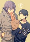  ! 2boys bag baguette bangs black_eyes black_hair blue_shirt blush bread collarbone commentary_request eating food grey_jacket grocery_bag hair_between_eyes hair_over_one_eye hand_in_pocket height_difference himuro_tatsuya holding holding_bag hood hooded_jacket jacket kuroko_no_basuke long_sleeves looking_at_another looking_up male_focus mashima_shima mole mole_under_eye multiple_boys murasakibara_atsushi paper_bag parted_lips purple_eyes purple_hair shirt shopping_bag short_hair simple_background speech_bubble spoken_exclamation_mark standing twitter_username upper_body yellow_background 