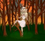 2020 anthro arlina_(character) blonde_hair bone branch cervid clothing cloud deity detailed_background dim_lighting dress dusk female forest glowing gradient_background grass green_eyes hair hi_res hooves looking_at_viewer mammal moody_lighting nature orange_sky plant shadow simple_background sitting sitting_on_branch skull skull_hat sky smiling_at_viewer solo spots spotted_body tree welcoming white_clothing white_dress 