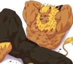  1boy abs animal_ears armpits arms_behind_head bara blonde_hair blood blood_from_mouth blue_eyes brown_fur bulge digimon earrings feet_out_of_frame furry highres istani jewelry leomon lion_boy lion_ears lion_hair lion_tail male_focus medium_hair muscle navel navel_hair nipples pectorals reward_available shirtless solo spread_legs tail thick_thighs thighs 