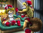  2020 anthro balls bed blue_eyes canid canine christmas clothed clothing erection female fox furniture genitals green_eyes holidays inside kitsune_youkai male mammal on_bed penis sitting topless 