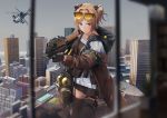  1girl absurdres aircraft bullpup cityscape commission girls_frontline gun helicopter highres light_brown_hair medium_hair nighttsound p90 p90_(girls_frontline) red_eyes skeb_commission solo submachine_gun vehicle_request weapon 