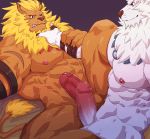  2boys abs animal_ears armpits asphyxiation bara blonde_hair blue_eyes brown_fur choking completely_nude contrast digimon earrings erection evil_smile eye_contact feet_out_of_frame furry highres imminent_sex istani jewelry leomon lion_boy lion_ears lion_hair lion_tail looking_at_another male_focus medium_hair multiple_boys muscle nipples nude one_eye_closed original pectorals penis reward_available smile spread_legs tail thick_thighs thighs white_fur yaoi 